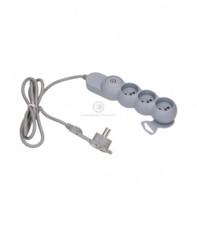 Przedłużacz trzykrotny z płaską wtyczką, przewodem 5m i włącznikiem SZARY
