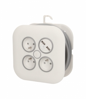 Przedłużacz zwijany 3x2P+Z, USBx2 płaska wtyczka 7m