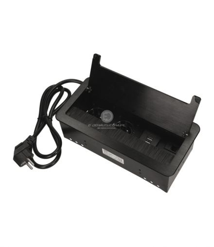 Gniazda wpuszczane w blat z płaskim frezowanym rantem, szczotką przeciwkurzową, ładowarką USB i przewodem 1,5m, 2x2P+Z, 2xUSB, 2