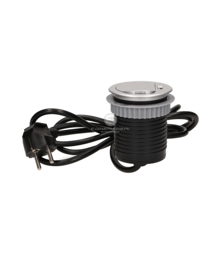 Gniazdo meblowe Ø6cm wpuszczane w blat z pokrywką, ładowarką USB i przewodem 1,8m, 1x2P+Z, 1xUSB