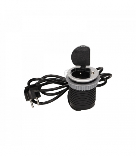 Gniazdo meblowe Ø6cm wpuszczane w blat z pokrywką, ładowarką USB i przewodem 1,8m, 1x2P+Z, 1xUSB, wersja schuko Orno OR-AE-1373(