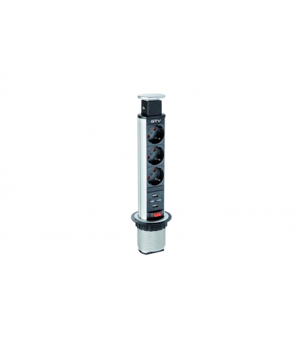Biurkowy przedłużacz wpuszczany 60mm, 3x schuko, 2xUSB 2,1A 5V (srebrny)