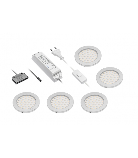 Zestaw 5 opraw LED Castello, pierwsza w włącznikiem, zasilacz 30W, 12V DC, ciepły biały, dystrybutor