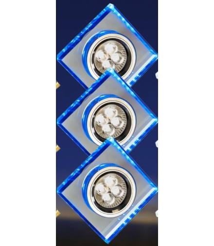 SS-22-CH/TR+BL ZESTAW TRZECH OPRAW GU10 50W+LED SMD 230V NIEBIESKI 2,1W CHROM OPR. STROP. STALA KWADRATOWA SZKLO TRANSPARENTNE