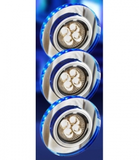 SS-23-CH/TR+BL ZESTAW TRZECH OPRAW GU10 50W+LED SMD 230V NIEBIESKI 2,1W CHROM OPR. STROP. STALA OKRĄGŁA SZKLO TRANSPARENTNE