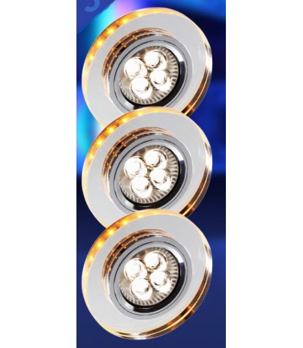 SS-23-CH/TR+AM ZESTAW TRZECH OPRAW GU10 50W+LED SMD 230V BURSZTYNOWY 2,1W OPR. STROP. STAŁA OKRGŁA SZKŁO TRANSPARENTNE