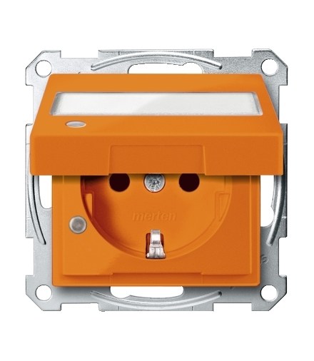 Merten Gniazdo SCHUKO z klapką, p.opis., sygn. zał. przesł., b.śrub., pomarańcz., Sys M
