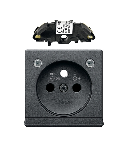 Merten System M, płytka centralna gniazda z uziemieniem, z gniadem oświetlenia i diodą LED, z przesłonami, antracyt
