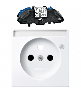 Merten System M, płytka centralna gniazda z uziemieniem, z polem opisowym i ochroną przeciwprzepięciową, z przesłonami, biały ac