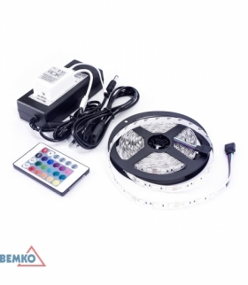 ZESTAW TAŚMA LED+ZASILACZ 12V+STEROWNIK 72W DC 5050 300LED/5M IP20 MULTIKOLOR gw.3y. BEMKO D87-ZW-5050-300-IP20-RGB