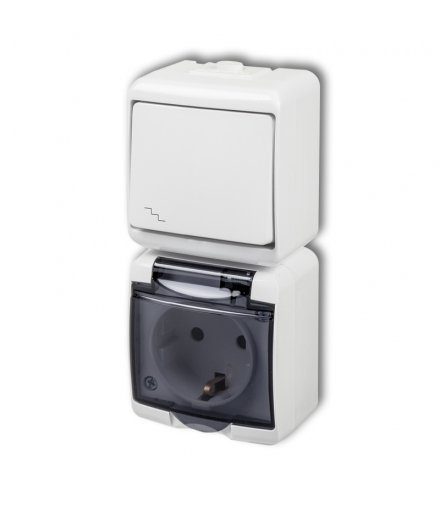 JUNIOR Łącznik schodowy z gniazdem pojedynczym z uziemieniem SCHUKO 2P+Z (klapka dymna, przesłony prądowe) Karlik WGHP-3sdp