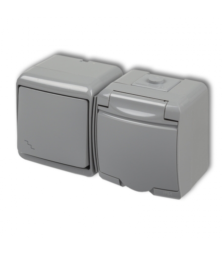 JUNIOR Łącznik schodowy z gniazdem pojedynczym z uziemieniem 2P+Z (klapka popielata, przesłony prądowe) Karlik 10WGHH-3p