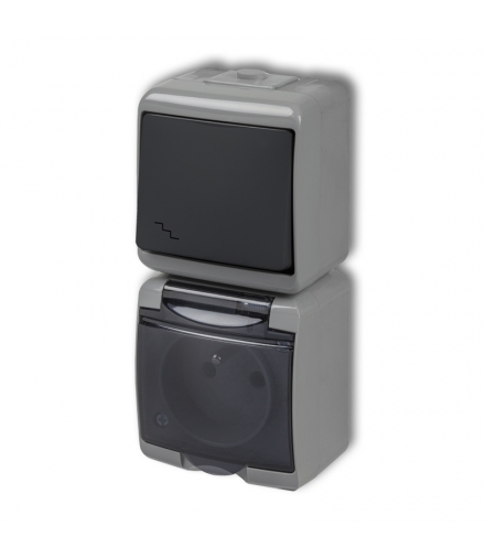 JUNIOR Łącznik schodowy z gniazdem pojedynczym z uziemieniem 2P+Z (klapka dymna, bez przesłon) Karlik 30WGHP-3d