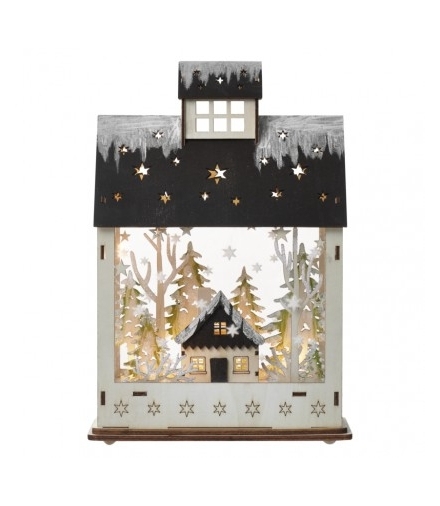 Dekoracje - 7 LED drewniany domek 20x30 cm, 2x AA WW, timer EMOS DCWW05