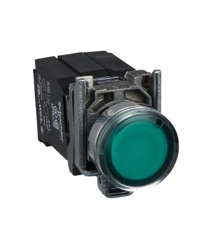 Harmony XB4 Przycisk płaski zielony żarówka BA9s 110/120V transformator metalowy 1NO + 1NC, XB4BW3335 Schneider Electric