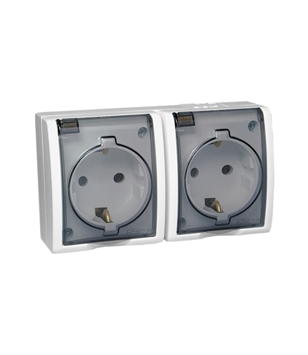 Gniazdo wtyczkowe podwójne z uziemieniem typu Schuko w wersji IP54 klapka w kolorze transparentnym biały 16A AQGSZ1-2/11A