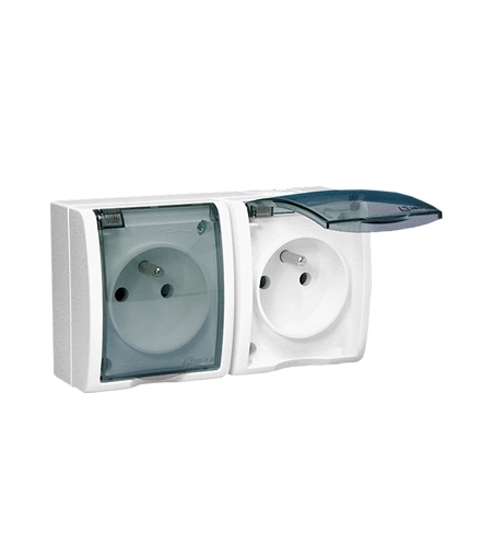 Gniazdo wtyczkowe podwójne z uziemieniem w wersji IP54 z przesłonami klapka w kolorze transparentnym biały 16A AQGZ1-2Z/11A