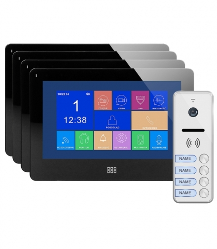 Zestaw wideodomofonowy 4-rodzinny, bezsłuchawkowy kolor, LCD 7", dotykowy, menu OSD, pamięć, gniazdo na kartę SD, DVR, sterowani