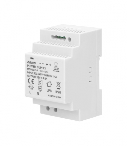 Zasilacz na szynę DIN 12VDC, 4,5A, 54W, szerokość 3 moduły Orno OR-PSU-1644