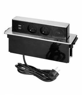 Gniazdo meblowe wysuwane z blatu z płaskim frezowanym rantem, ładowarką USB i przewodem 2m, 2x2P+Z, 2 x USB (Typ A), HDMI, 3x1,