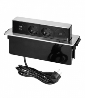 Gniazdo meblowe wysuwane z blatu z płaskim frezowanym rantem, ładowarką USB i przewodem 2m, 2x2P+Z (Schuko), 2 x USB (Typ A), H