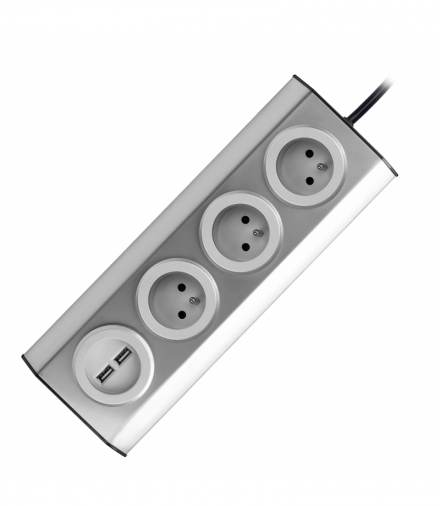 Gniazdo meblowe, kuchenne z ładowarką USB, montowane na rzepy z przewodem 1,5m - 3x2P+Z, 2xUSB, INOX z przewodem 1,5m. Orno FS