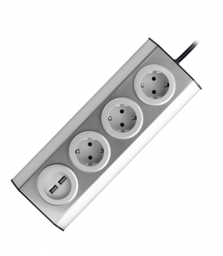 Gniazdo meblowe, kuchenne z ładowarką USB, montowane na rzepy z przewodem 1,5m - 3x2P+Z schuko, 2xUSB, INOX z przewodem 1,5m. 