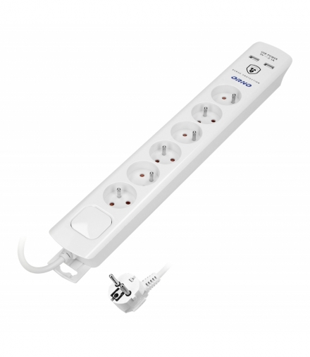 Listwa przeciwprzepięciowa, 6 gniazd 2P+Z, kabel 3x1,0mm², długość 3m, z wyłącznikiem podświetlanym dwutorowym. 10A/230 VAC, Och