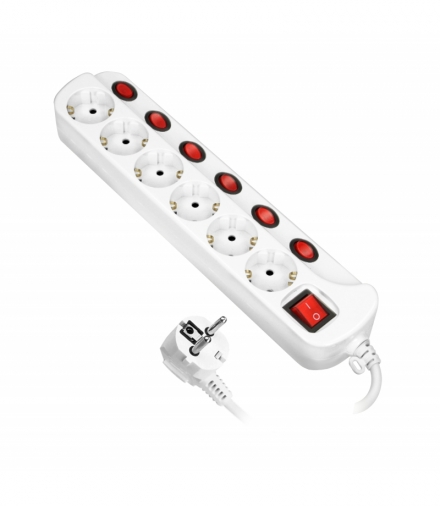 Listwa zasilająca "Multiswitch", 6 gniazd 2P+Z (schuko), kabel 3x1,5mm², długość 1,5m, z wyłącznikami podświetlanymi: głównym dw