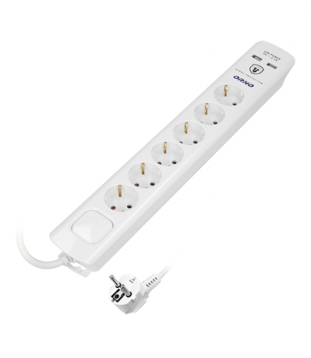 Listwa przeciwprzepięciowa, 6 gniazd 2P+Z schuko, kabel 3x1,5mm², długość 3m, z wyłącznikiem podświetlanym dwutorowym. 16A/230 V