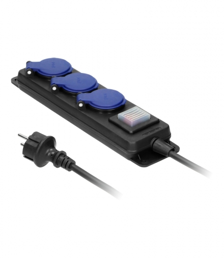 Przedłużacz warsztatowy bryzgoszczelny z wyłącznikiem IP44, 3 gniazda 2P+Z IP44, przewód gumowy, H05RR-F 3x1,5mm², długość 3m Or