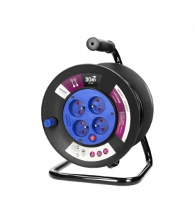 Przedłużacz bębnowy, 4 gniazda 2P+Z, kabel PVC H05VV-F 3x1,0mm², długość 30m, termik, przesłony torów prądowych. Orno OR-AE-1315