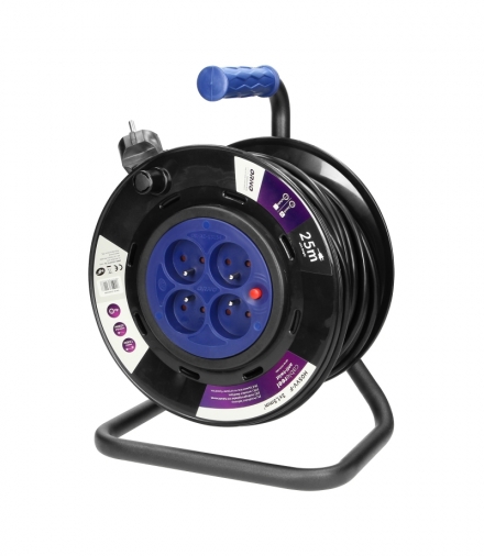 Przedłużacz bębnowy, 4 gniazda 2P+Z, kabel PVC H05VV-F 3x1,5mm², długość 25m, STAŁE GNIAZDA, termik, przesłony torów prądowych. 