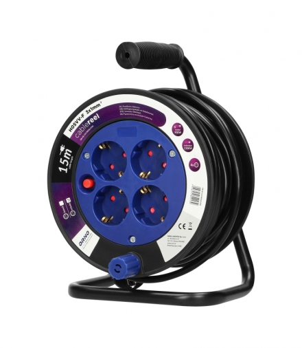 Przedłużacz bębnowy MINI, 4 gniazda 2P+Z (schuko), metalowy stojak, polwinit H05VV-F 3x1mm² - 15m Orno OR-AE-13170(GS)/15M