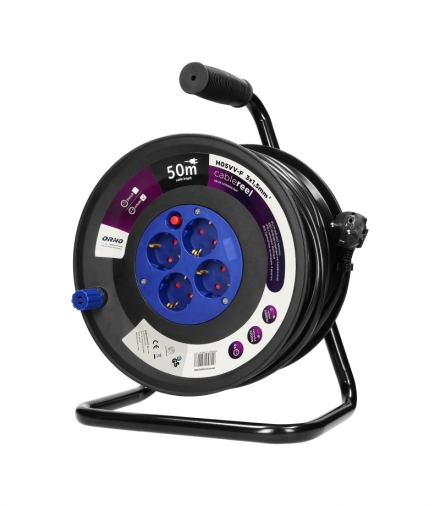 Przedłużacz bębnowy, 4 gniazda 2P+Z (schuko), kabel PVC H05VV-F 3x1.5mm², długość - 50m, Termik, Przesłony torów prądowych. Orno