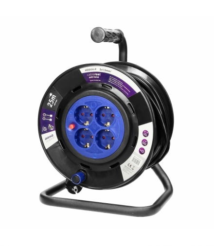 Przedłużacz bębnowy, 4 gniazda 2P+Z (schuko), kabel PVC H05VV-F 3x1,5mm², długość - 25m, STAŁE GNIAZDA, termik, przesłony torów 