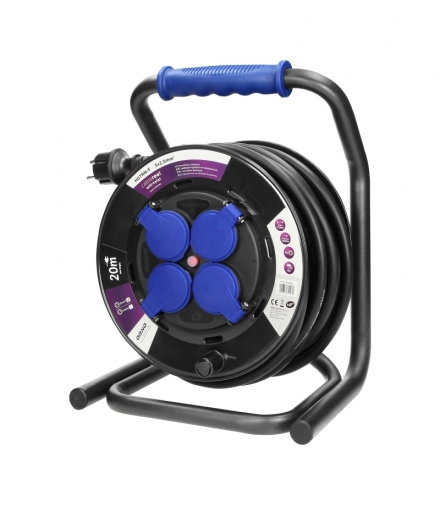 Przedłużacz bębnowy profesjonalny IP44, 4 gniazda 2P+Z, kabel gumowy olejoodporny, H07RN-F 3x2,5mm², długość 20m, unikatowy stoj