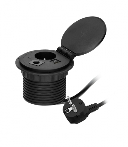 Gniazdo meblowe Ø8cm wpuszczane w blat z ładowarką indukcyjną, ładowarką USB z 2 gniazdami A i C, przelotką kablową z przewodem 