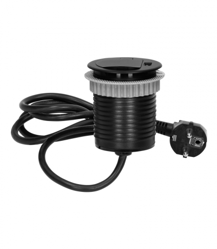 Gniazdo meblowe Ø6cm wpuszczane w blat z pokrywką, ładowarką USB i przewodem 1,9m, 1x2P+Z, 1xUSB, czarne, wersja Schuko Orno OR-
