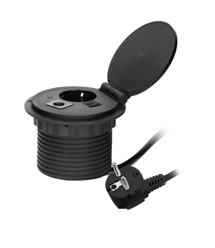 Gniazdo meblowe Ø8cm wpuszczane w blat z ładowarką indukcyjną, ładowarką USB z 2 gniazdami A i C, przelotką kablową z przewodem OR-GM-9015(GS)/B