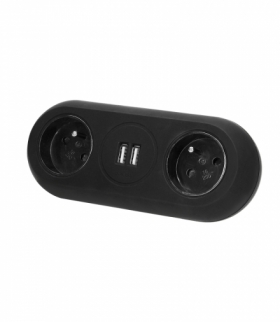Gniazdo meblowe z uchwytem montażowym, ładowarką USB, 2 gniazda 2P+Z, 2xUSB, przewód 3x1,0mm² - 1,5m, czarne Orno OR-AE-13197/B
