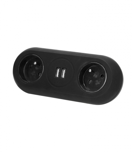Gniazdo meblowe z uchwytem montażowym, ładowarką USB, 2 gniazda 2P+Z, 2xUSB, przewód 3x1,0mm² - 1,5m, czarne Orno OR-AE-13197/B