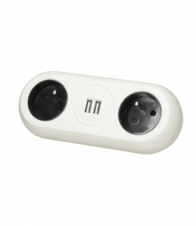 Gniazdo meblowe z uchwytem montażowym, ładowarką USB, 2 gniazda 2P+Z, 2xUSB, przewód 3x1,0mm² - 1,5m, białe Orno OR-AE-13197/W