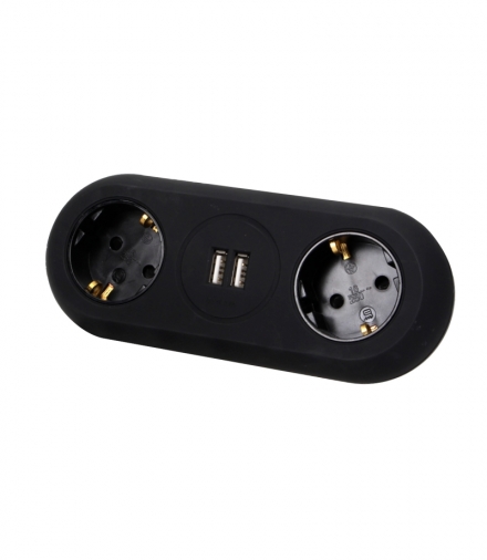 Gniazdo meblowe z uchwytem montażowym, ładowarką USB, 2 gniazda 2P+Z (Schuko), 2xUSB, przewód 3x1,5mm² - 1,4m, czarne Orno OR-A