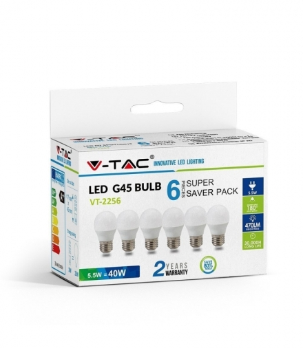 Żarówka LED E27 5.5W G45, Neutralna, Barwa:4000K, Trzonek:E27, Opakowanie: 6szt. V-TAC 2731