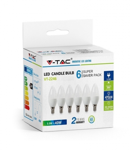 Żarówka LED E14 5.5W C35, Zimna, Barwa:6400K, Trzonek:E14, Opakowanie: 6szt. V-TAC 2738