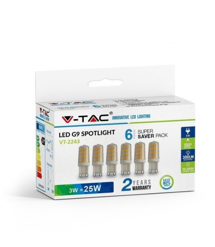 Żarówka LED G9 3W, Ciepła, Barwa:3000K, Trzonek:G9, Opakowanie: 6szt. V-TAC 2745