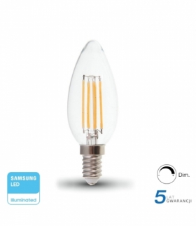 Żarówka LED E14 4W C35 Filament, Klosz Transparentny, Chip SAMSUNG, Ciepła, Barwa:2700K, Ściemniana, Trzonek:E14 V-TAC 278