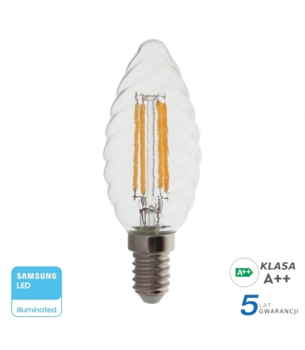 Żarówka LED E14 4W C35 Filament Twist, Klosz Transparentny, Chip SAMSUNG, Ciepła, Barwa:2700K, Trzonek:E14 V-TAC 279