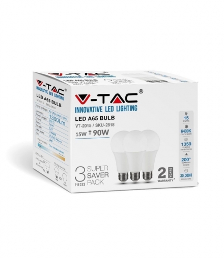 Żarówka LED E27 15W A65, Zimna, Barwa:6400K, Trzonek: E27, Opakowanie: 3szt. V-TAC 2818
